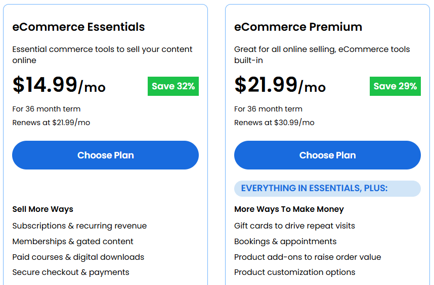 Bluehost eCommerce Essentials and Premium plan
