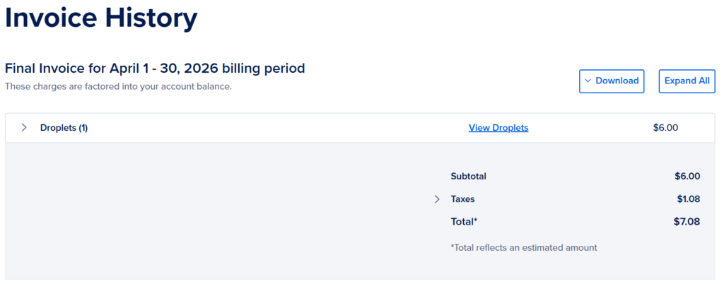 digitalocean Invoice History