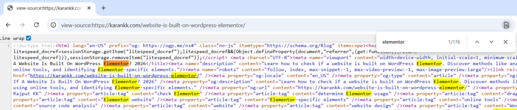 elementor browser page source