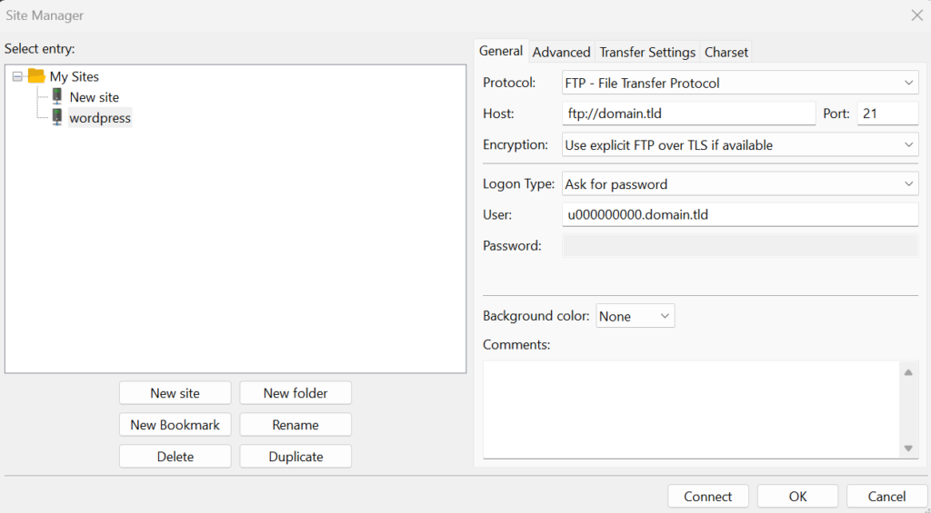 filezilla site manager