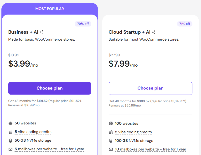 Hostinger Business + AI and Cloud Startup plan