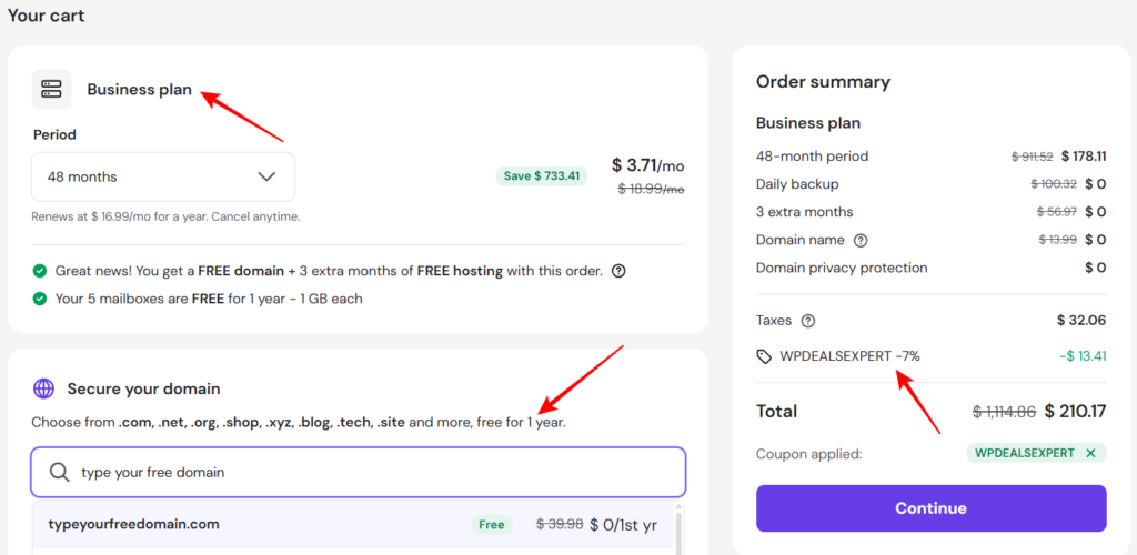 Hostinger checkout showing free domain search