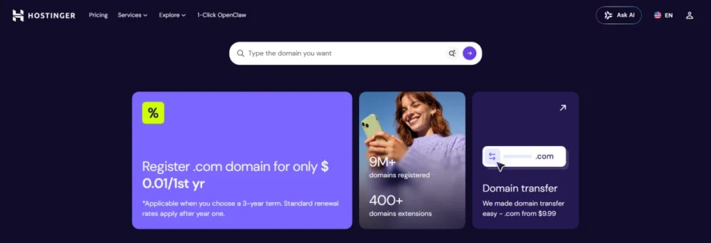 Hostinger domain search page