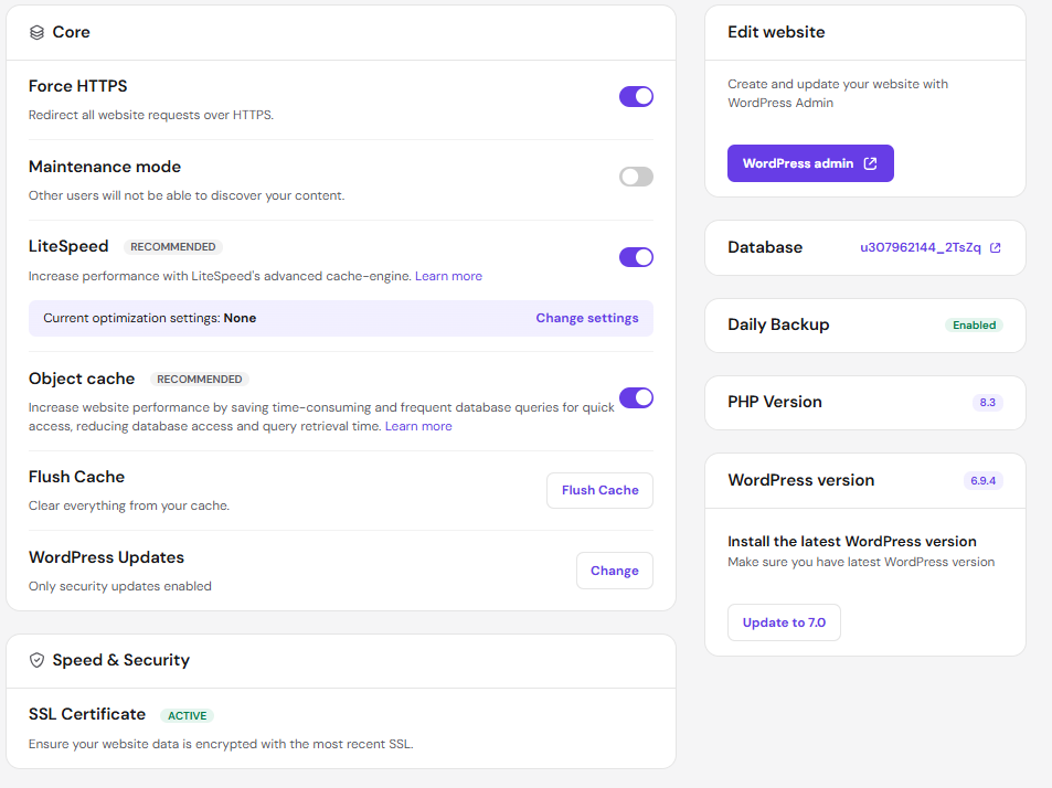 Hostinger hPanel WordPress management dashboard