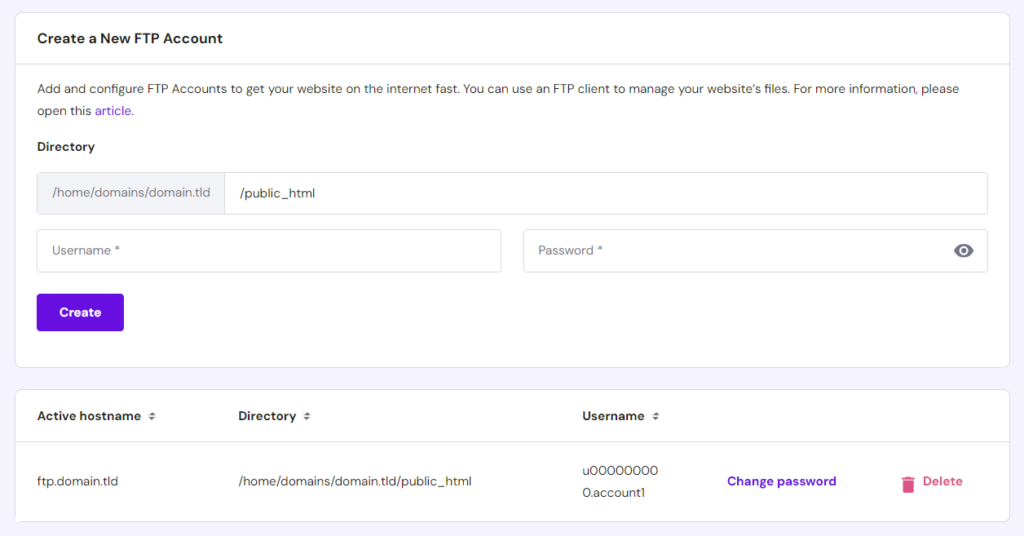 hpanel ftp new account