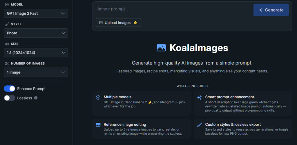 KoalaImages interface showing model selection