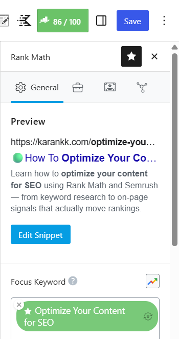 Rank Math On-Page SEO score