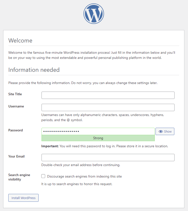 wordpress install credentials