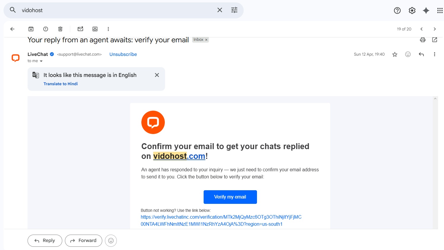 Confirm your email to get your chats replied on vidohost.com