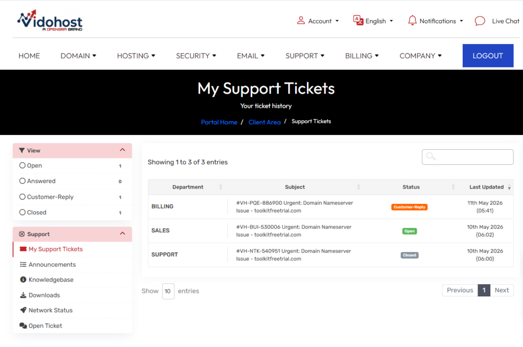 vidohost Support Tickets