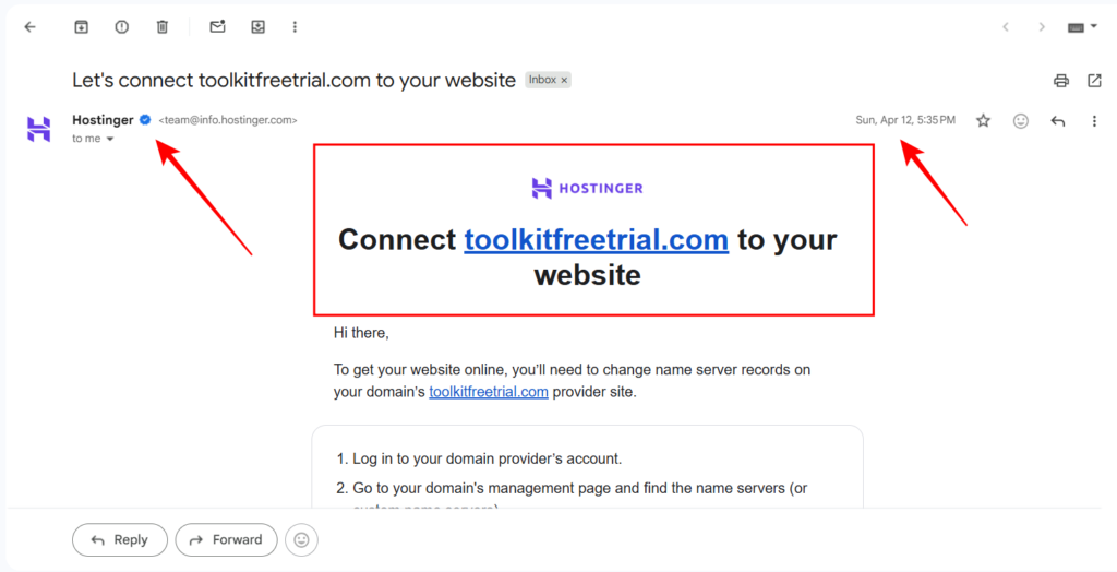 Hostinger's email dated April 12 confirming I connected toolkitfreetrial.com