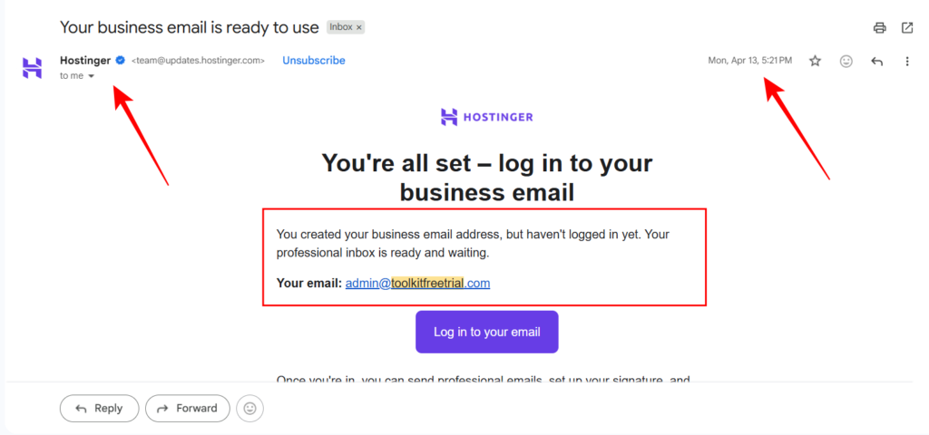 Hostinger's email dated April 13 confirming my business email admin@toolkitfreetrial.com was created and ready