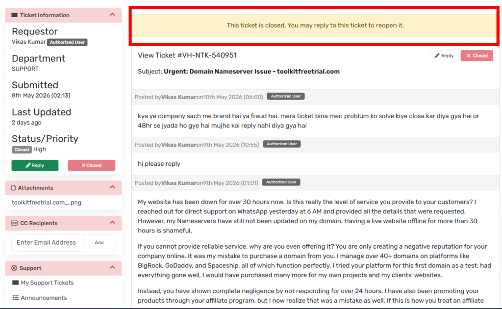vidohost ticket is closed
