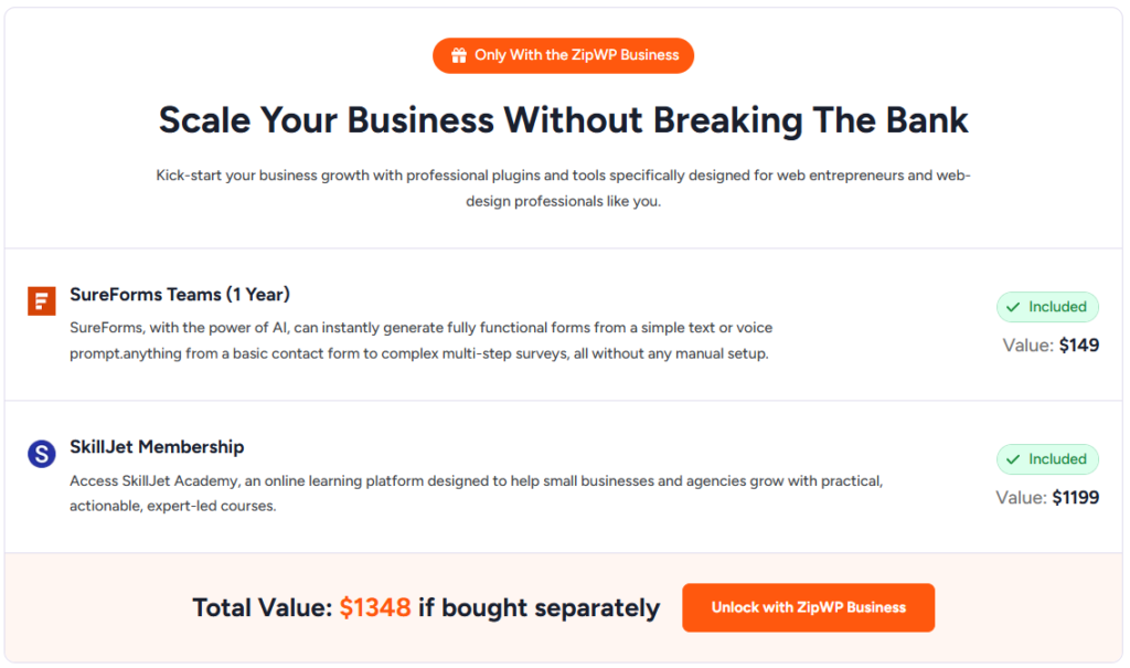 ZipWP Free Bonuses with Business plan