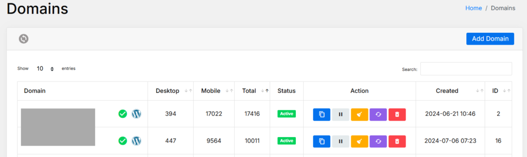 LaraPush dashboard Domains section showing multiple websites
